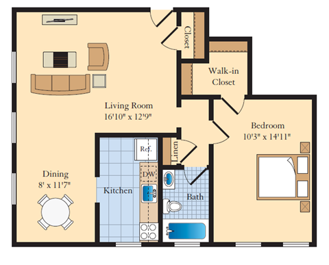 1 bed 1 bath  A5 Floor Plan at The Fields of Bethesda, Chevy Chase, MD, 20815